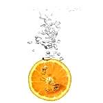 An orange slice being dropped in water to clean it.